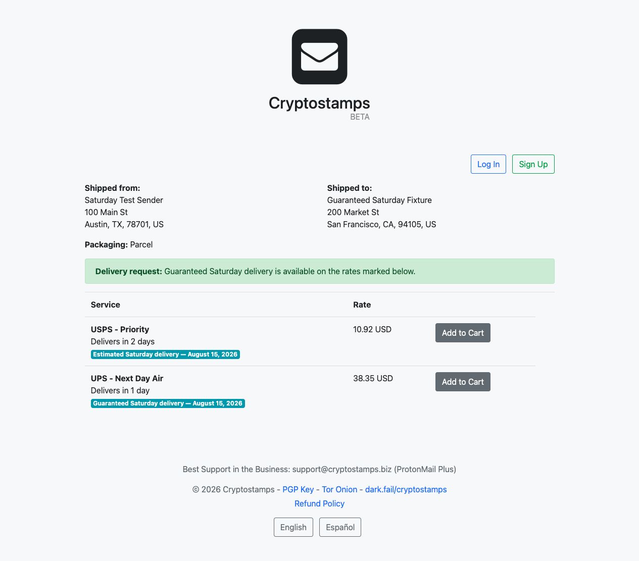 Cryptostamps rates page showing estimated and guaranteed Saturday delivery badges.